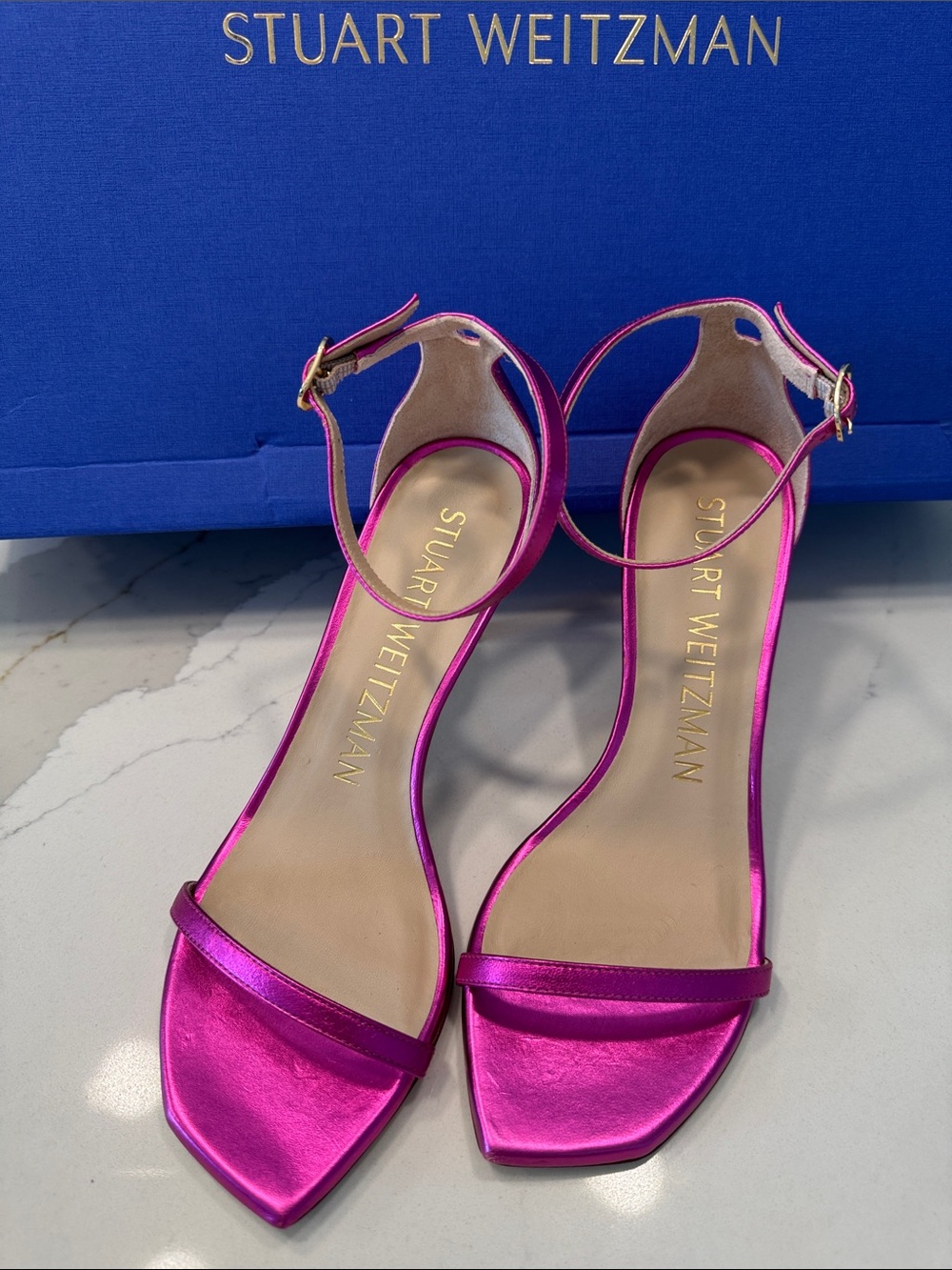 Stuart Weitzman Metallic Hot Pink Ankle-Strap Sandals